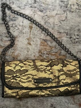 Betsey Johnson Gold and Black Lace-Overlay Chain Clutch